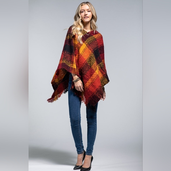 Poncho Plaid Pumpkin Spice - Boucle Yarn Dyed - Great Fall Colors - Soft & Warm - Picture 4 of 6